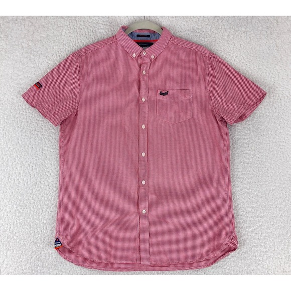 Superdry Premium Red‎ Houndstooth Regular Fit Shirt Mens Button-Up Casual Size L - Picture 1 of 14